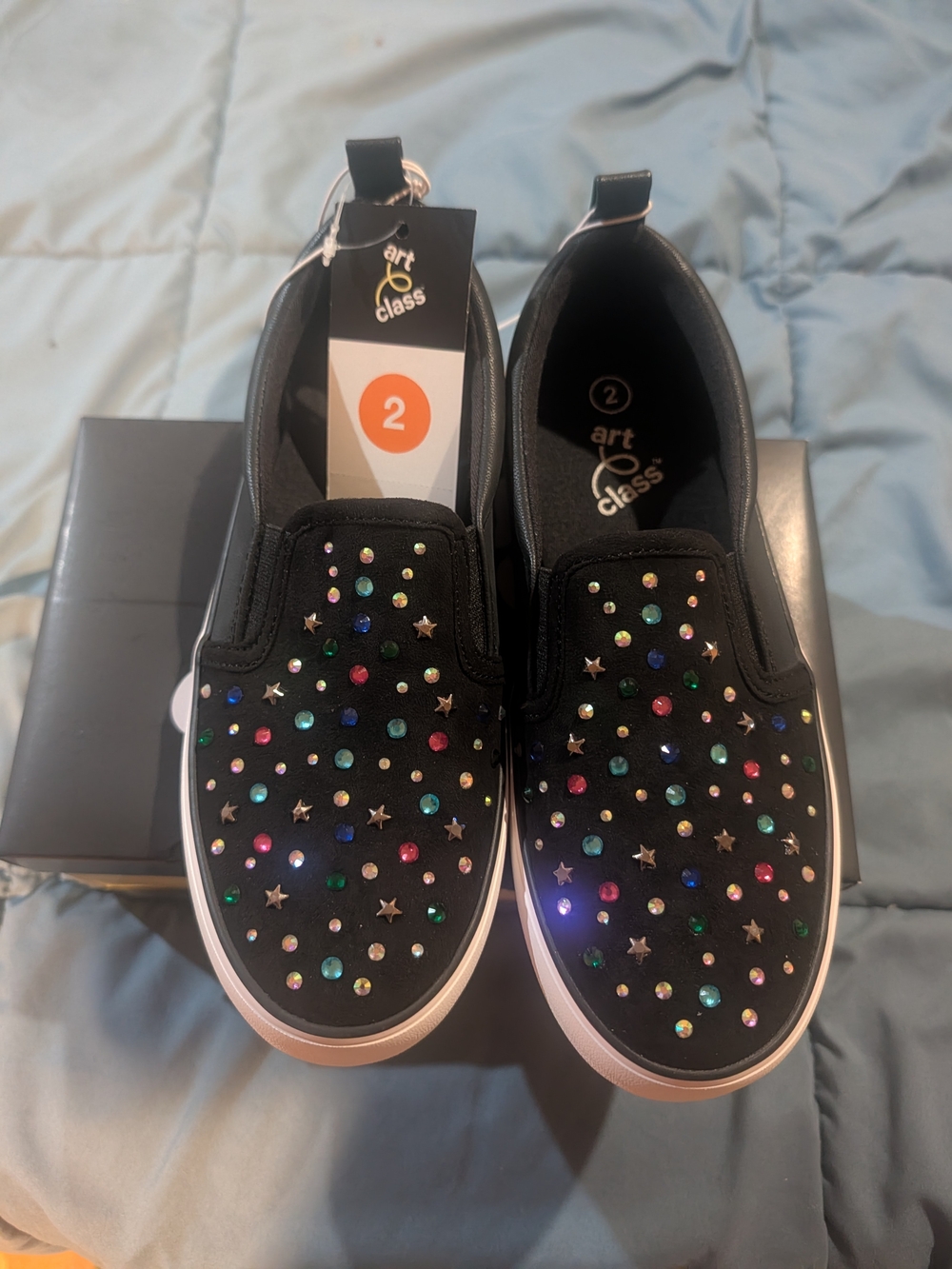 art class Black Slip-On Sneakers with Multicolor Gems Girl's Shoe Size 2 NIB